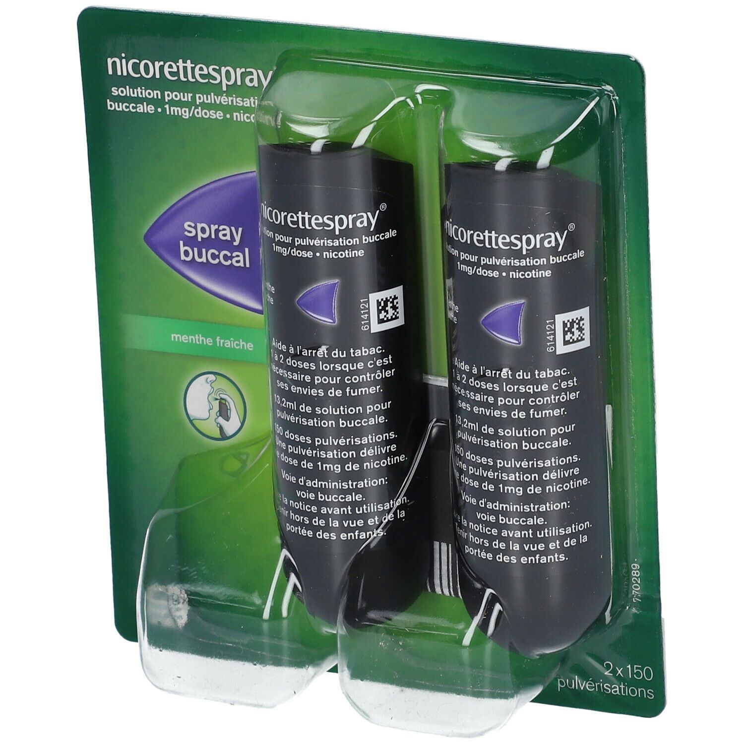 Deux flacons spray noirs dans un blister transparent. Inscription: nicorettespray®, 1 mg/dose. Goût menthe fraîche. 2 x 150 pulvérisations.