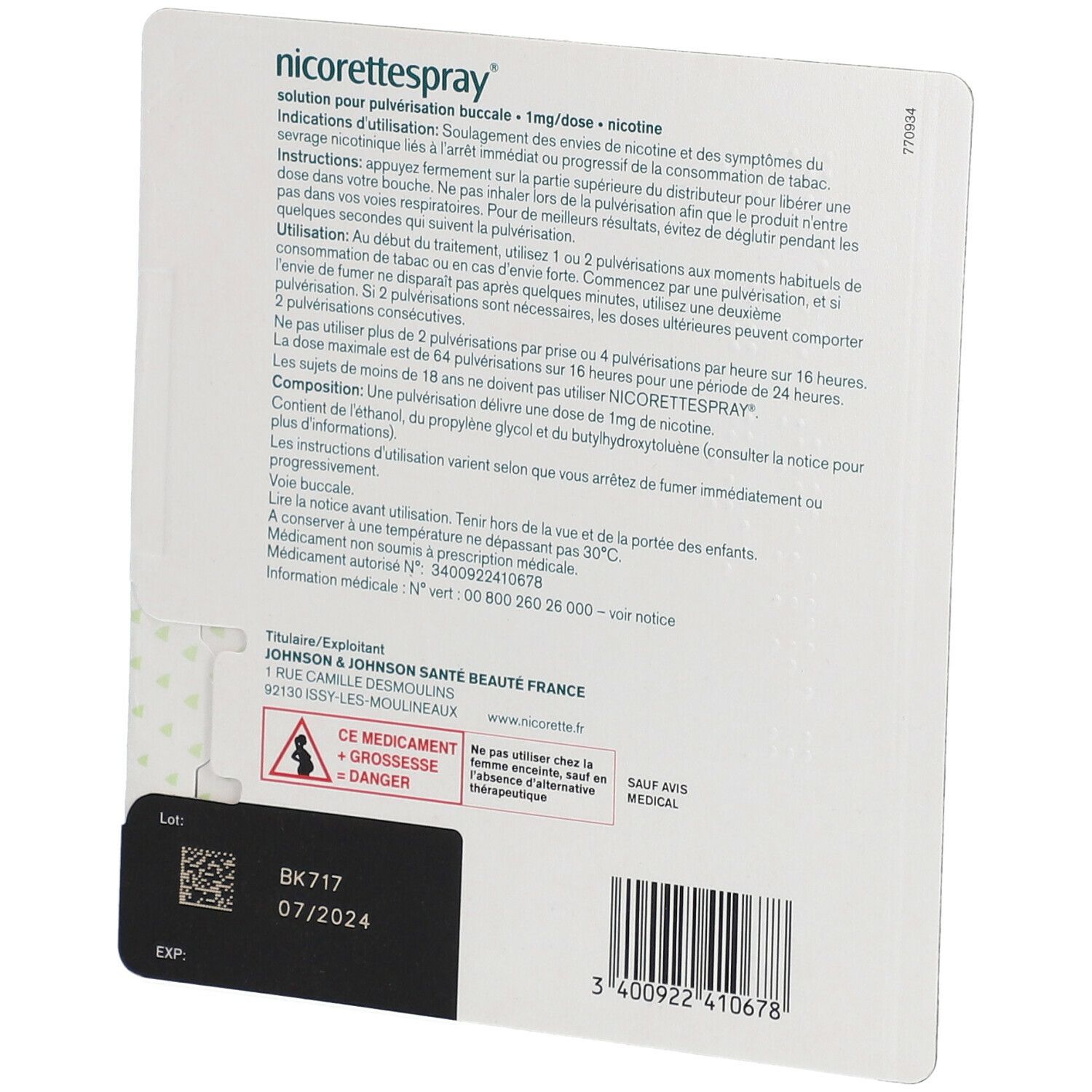 Dos de l'emballage. Inscription: nicorettespray®, 1 mg/dose. Informations d'utilisation et ingrédients. Informations fabricant et numéro de lot.