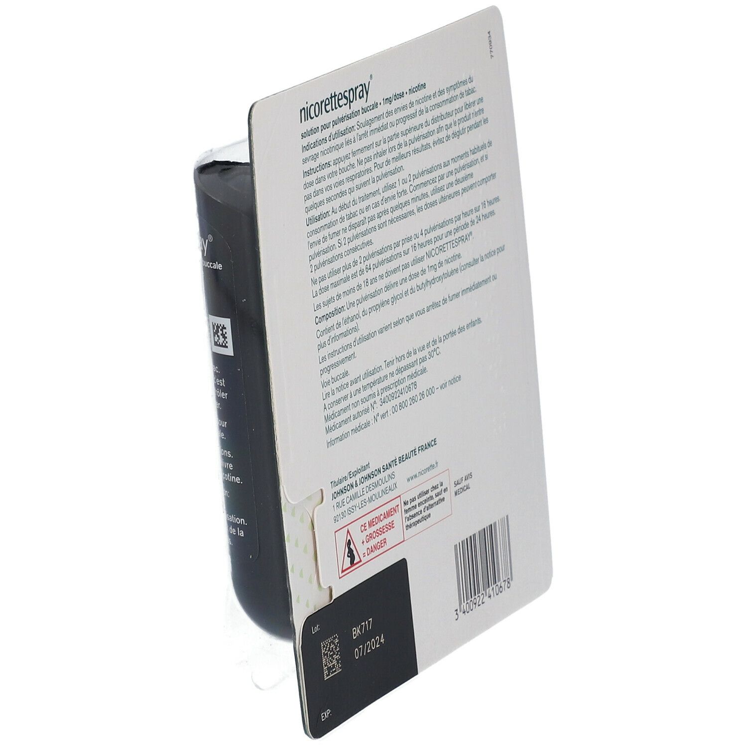 Dos de l'emballage. Inscription: nicorettespray®, 1 mg/dose. Informations d'utilisation et ingrédients. Informations fabricant et numéro de lot.