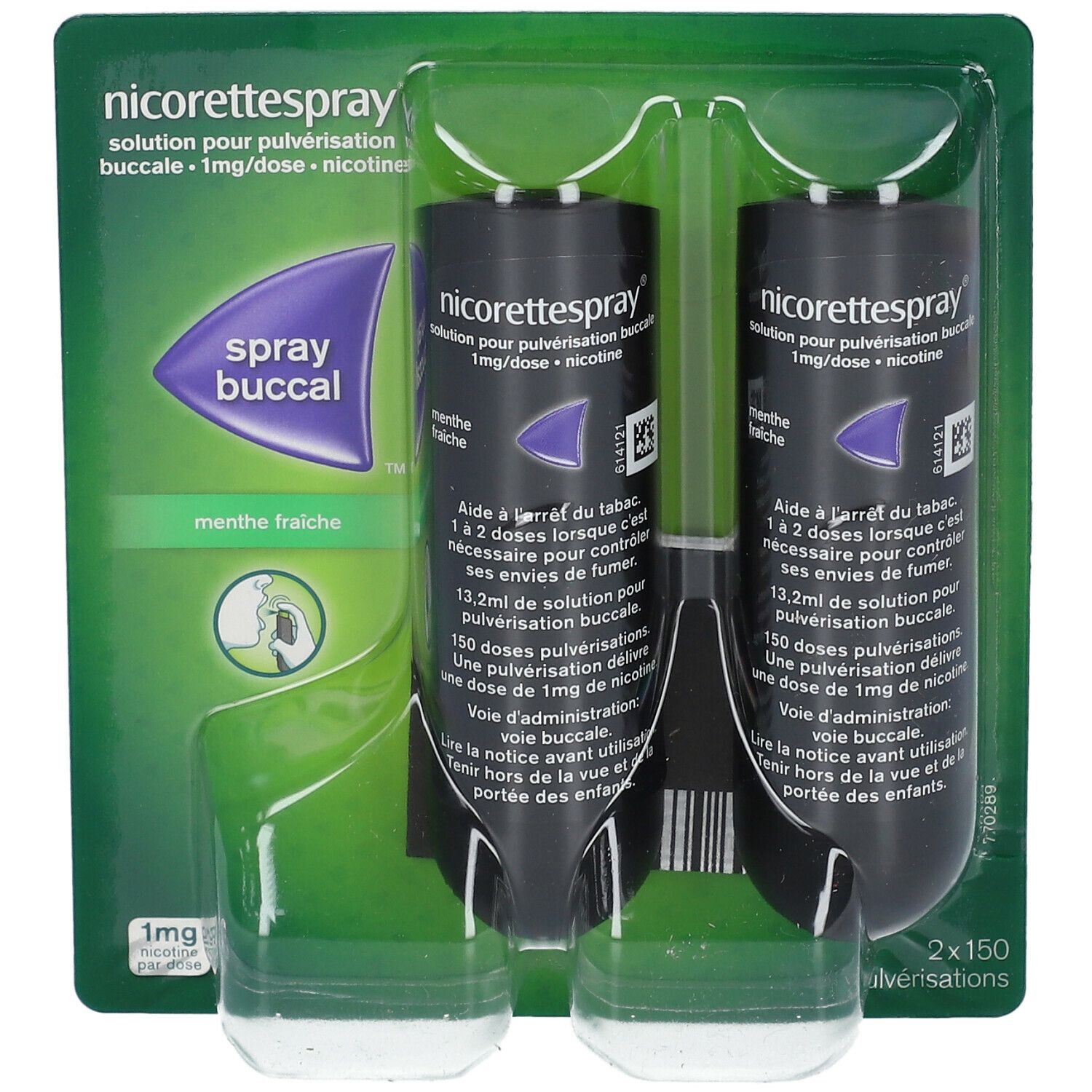 Deux flacons spray noirs dans un emballage vert. Inscription: nicorettespray®, 1 mg/dose. Goût menthe fraîche. L'emballage contient 2 x 150 pulvérisations.