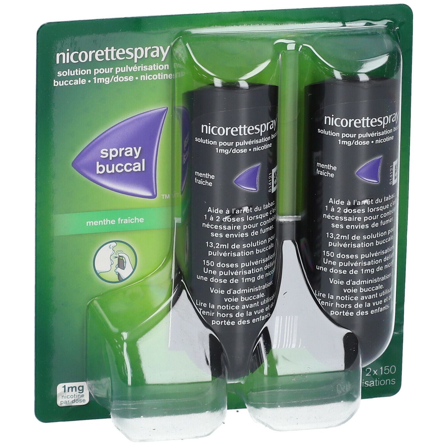 Deux flacons spray noirs dans un emballage vert. Inscription: nicorettespray®, 1 mg/dose. Goût menthe fraîche. L'emballage contient 2 x 150 pulvérisations.