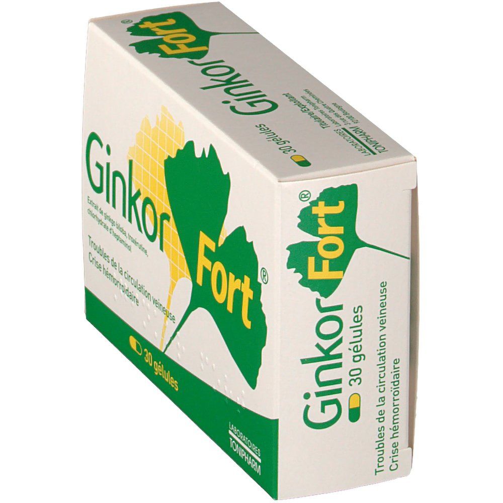 Boîte de Ginkor Fort en biais. Design vert et jaune avec feuille de ginkgo. 30 gélules.