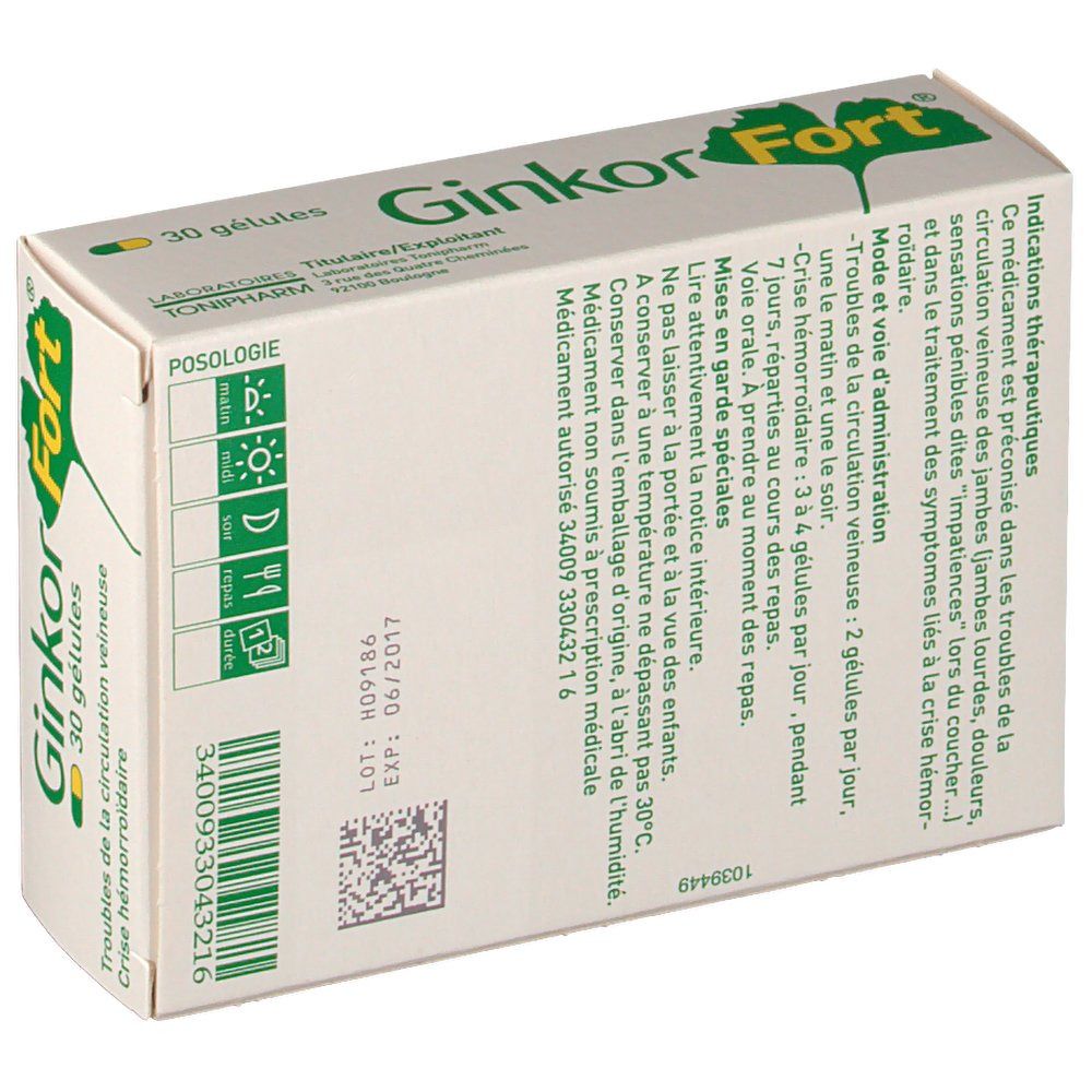 Dos de la boîte de Ginkor Fort. Texte en français. Informations sur le dosage et les ingrédients.
