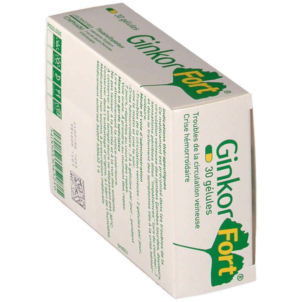 Vue oblique de la boîte de Ginkor Fort. Texte en français. Informations sur le dosage et les ingrédients.