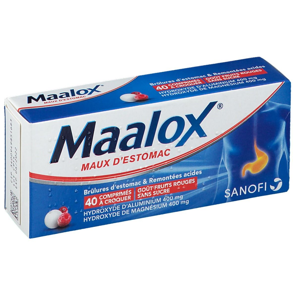 Boîte bleue et blanche "Maalox Maux d'Estomac". Contient 40 comprimés. Inscription "Gout Fruits Rouges". Logo Sanofi.