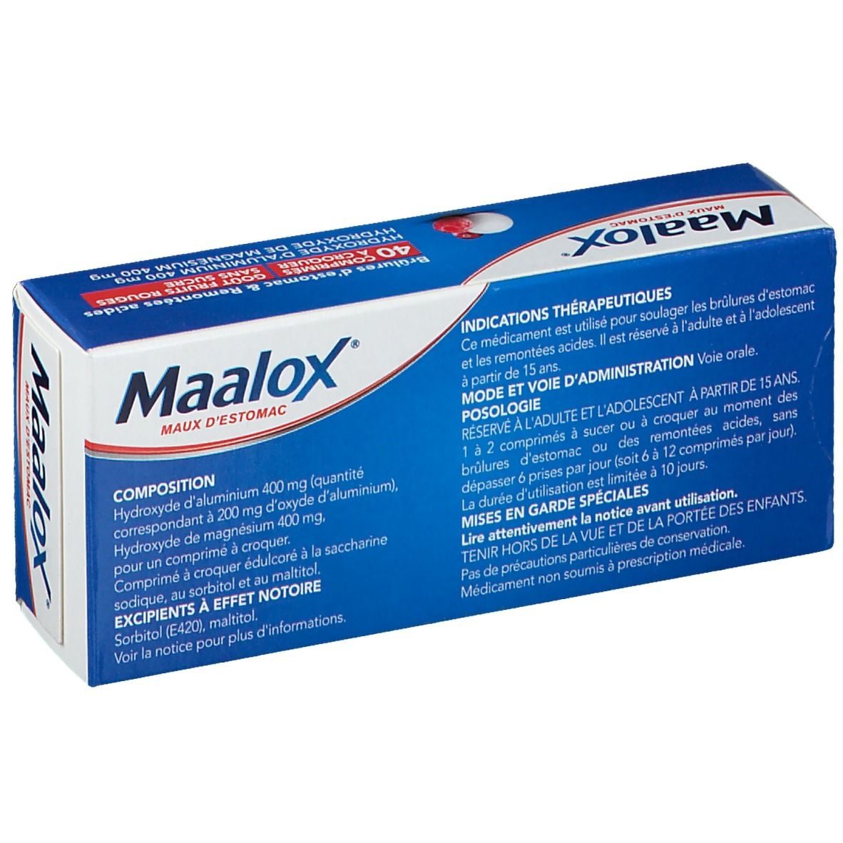 Dos de la boîte "Maalox". Texte bleu sur fond blanc. Ingrédients et instructions d'utilisation en français.