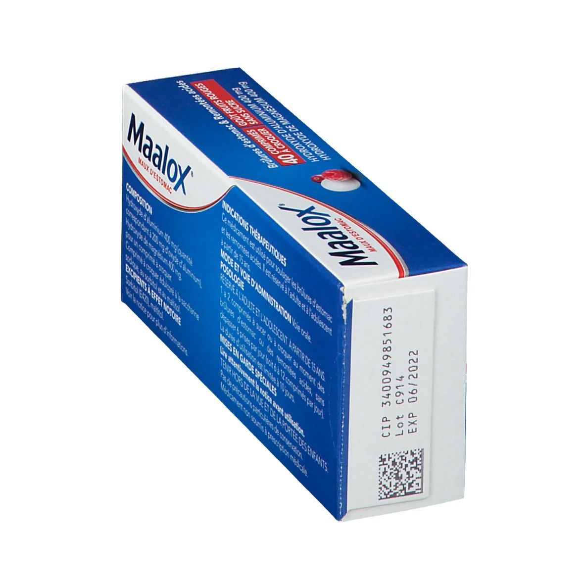 Vue latérale de la boîte "Maalox". Texte blanc sur fond bleu. Code-barres et date de péremption.