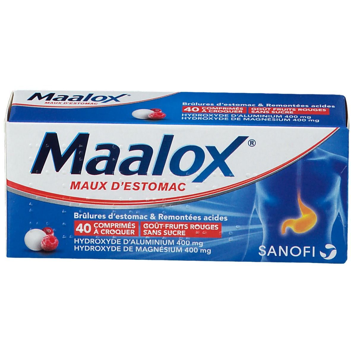 Boîte "Maalox Maux d'Estomac". Contient 40 comprimés. Inscription "Gout Fruits Rouges". Logo Sanofi. Comprimés et fruits.