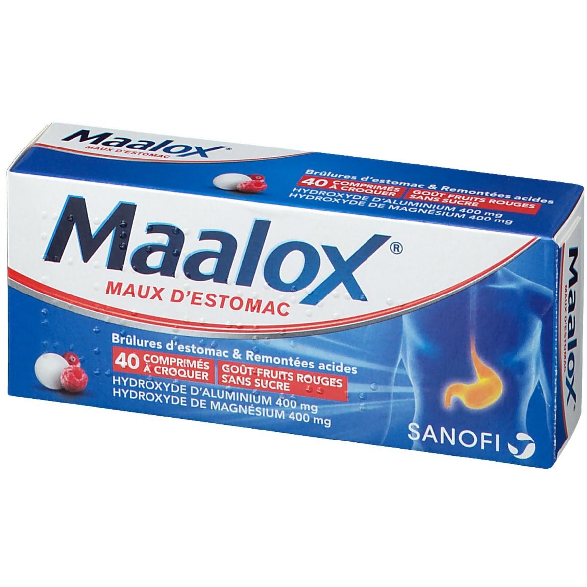 Boîte "Maalox Maux d'Estomac". Contient 40 comprimés. Inscription "Gout Fruits Rouges". Logo Sanofi. Comprimés et fruits.