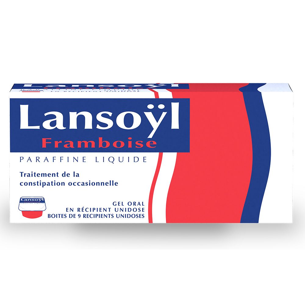 Boîte de Lansoÿl Framboise. Emballage rouge et blanc avec texte bleu. Contient 9 récipients unidoses.