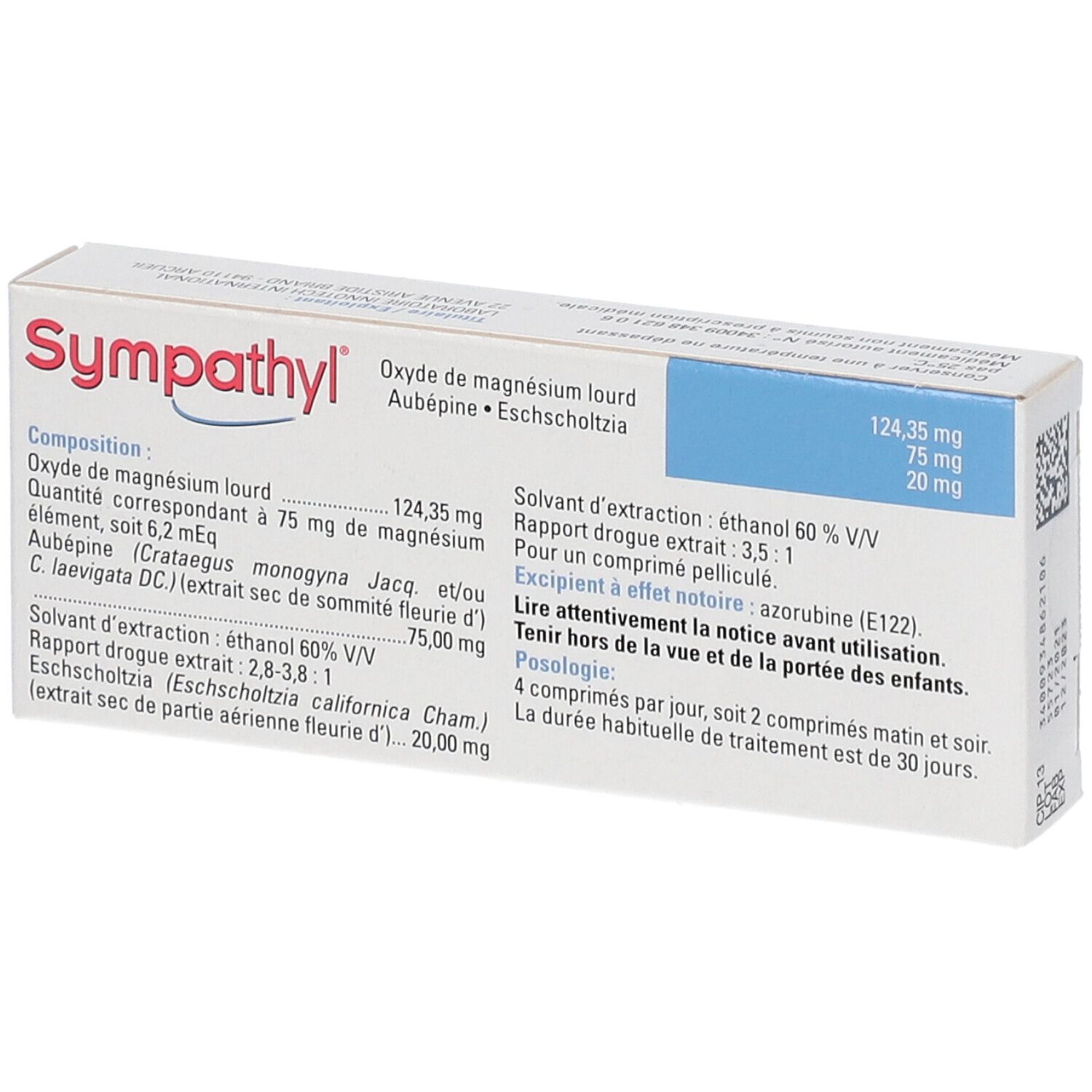 Emballage du produit Sympathyl®. Contient des informations sur les ingrédients et le dosage. Emballage bleu et blanc.