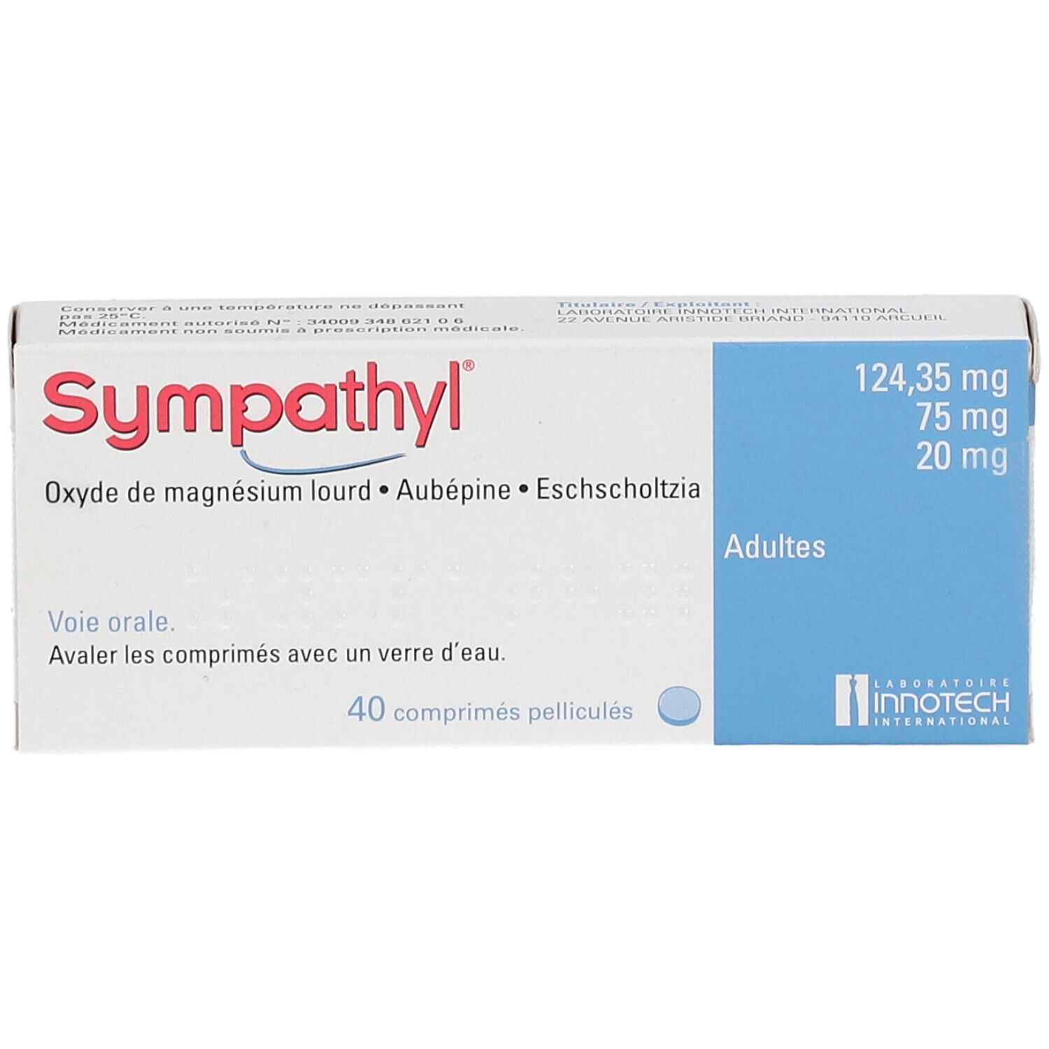 Emballage Sympathyl® avec informations produit. Contient 40 comprimés. Emballage bleu et blanc.