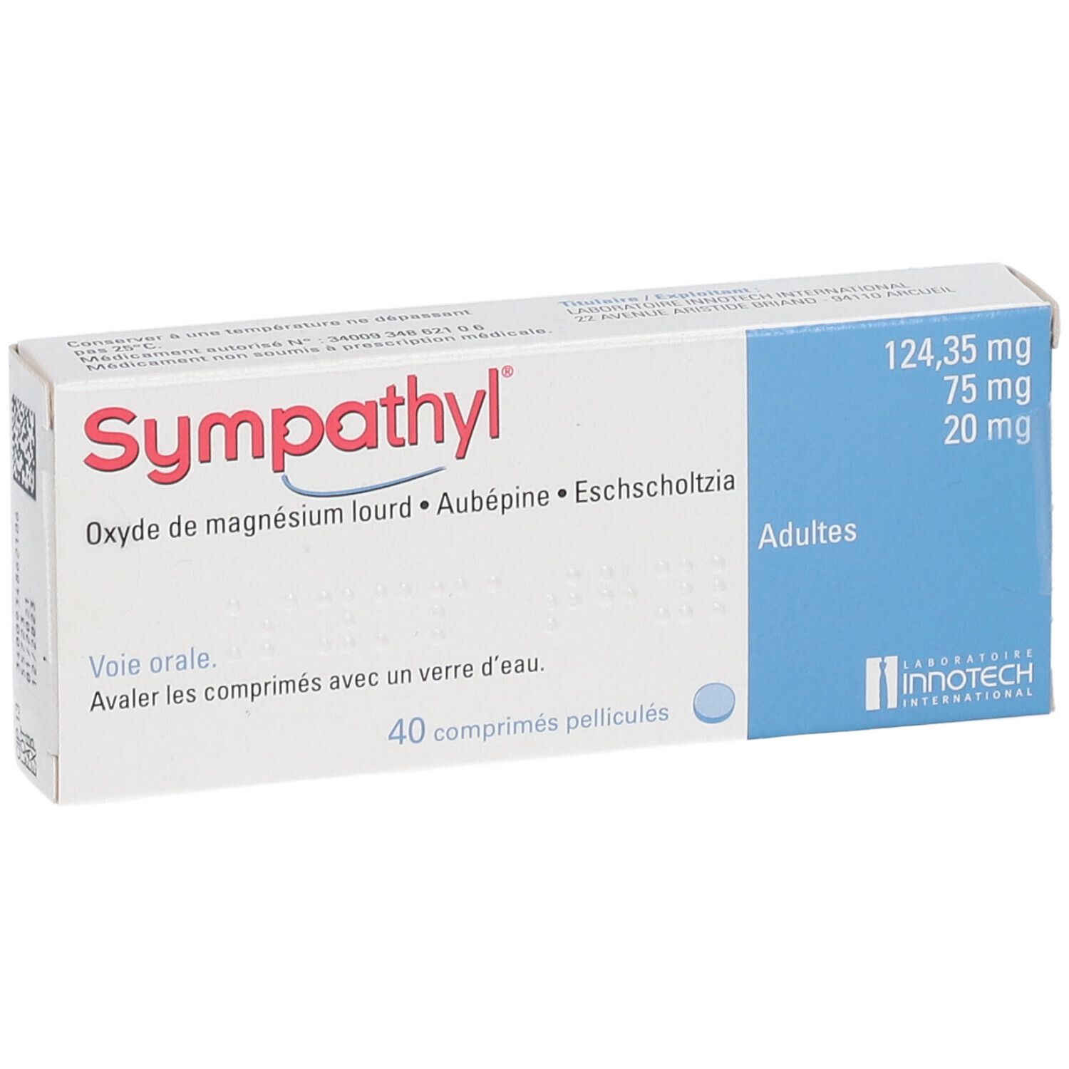 Emballage Sympathyl® avec informations produit. Contient 40 comprimés. Emballage bleu et blanc.