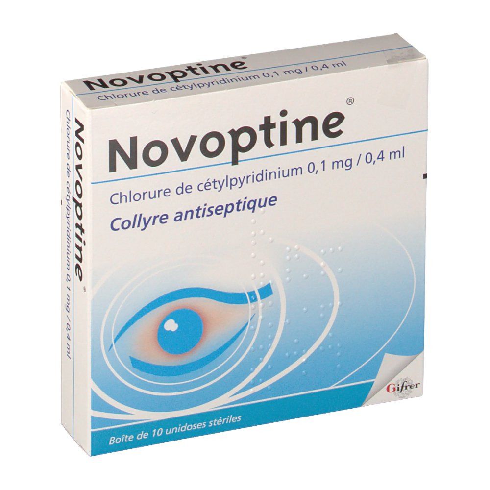 Boîte Novoptine. Inscription : Chlorure de cétylpyridinium 0,1 mg/0,4 ml. Illustration d'un œil.