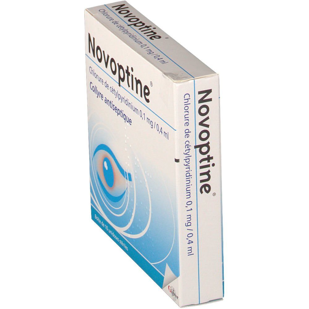 Boîte Novoptine en biais. Inscription : Chlorure de cétylpyridinium 0,1 mg/0,4 ml. Nom du produit Novoptine.
