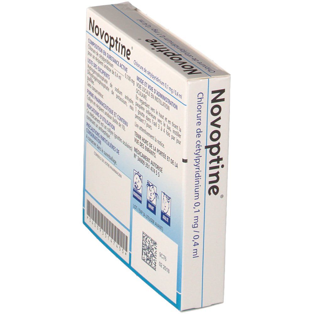 Vue oblique du dos de la boîte Novoptine. Texte : composition, utilisation, précautions. Nom du produit Novoptine.