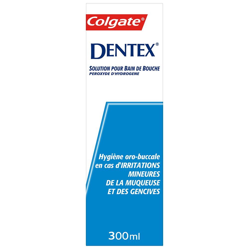 Colgate Dentex, solution pour bain de bouche. Emballage blanc avec zone bleue. Texte: Hygiène oro-buccale en cas d'irritations mineures.