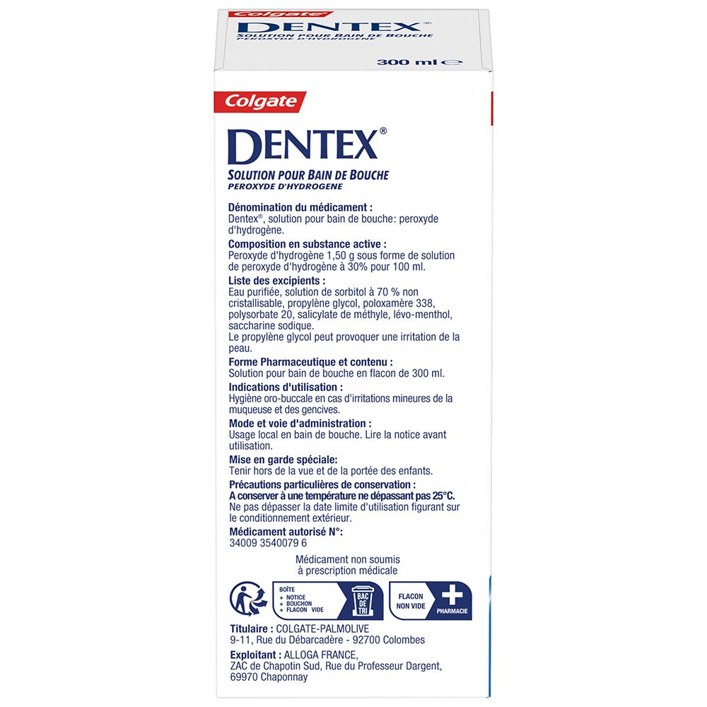 Dos de Colgate Dentex, solution pour bain de bouche. Informations produit et ingrédients. Flacon: 300 ml.