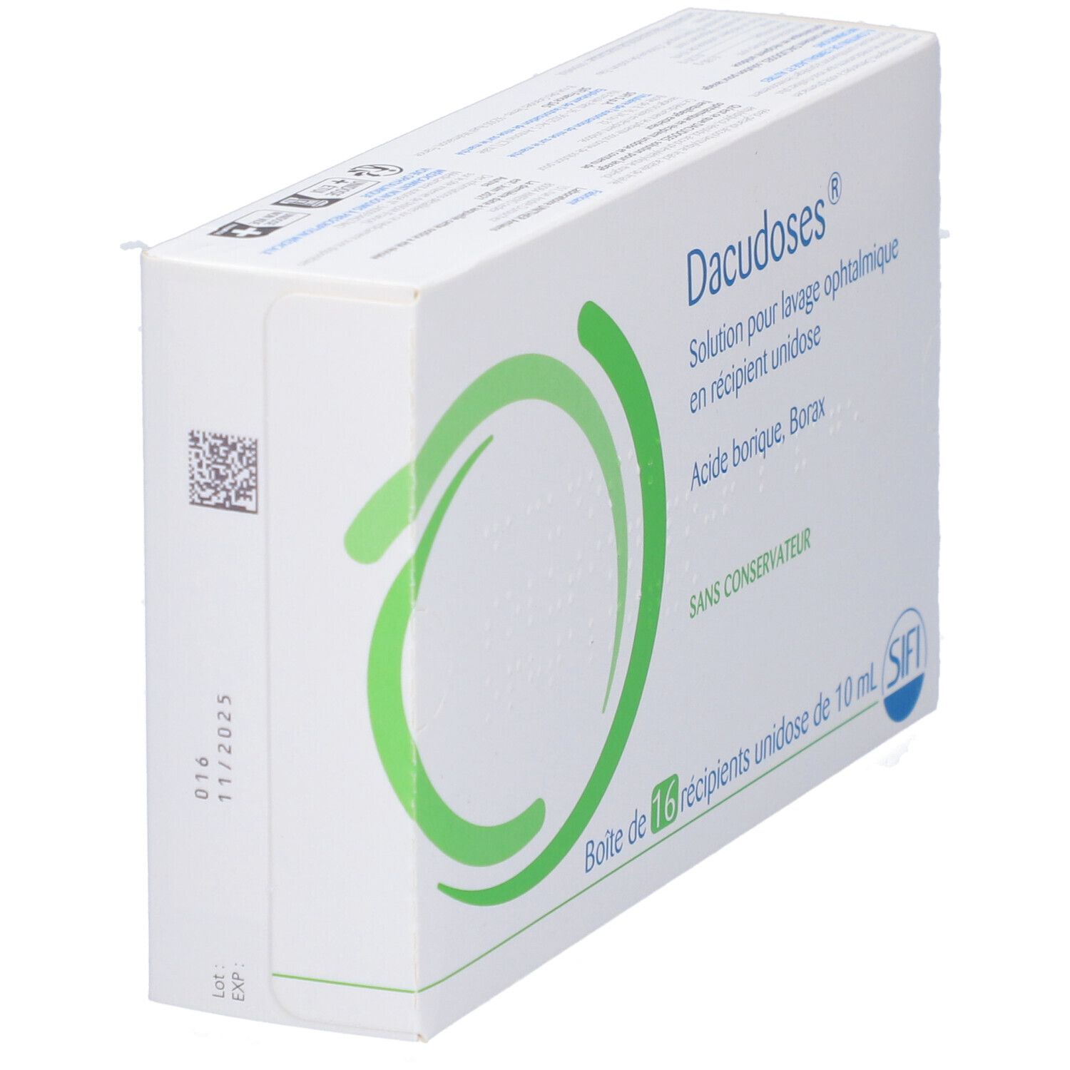 Boîte de Dacudoses en biais. Solution pour lavage ophtalmique. Contient 16 récipients unidoses. Code et date de péremption.