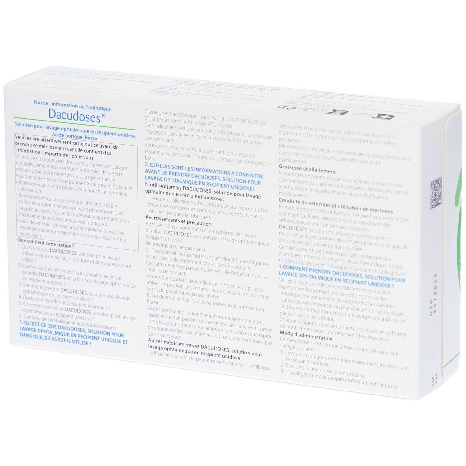 Dos de la boîte de Dacudoses. Informations textuelles sur l'utilisation et les ingrédients. Code et informations du fabricant.