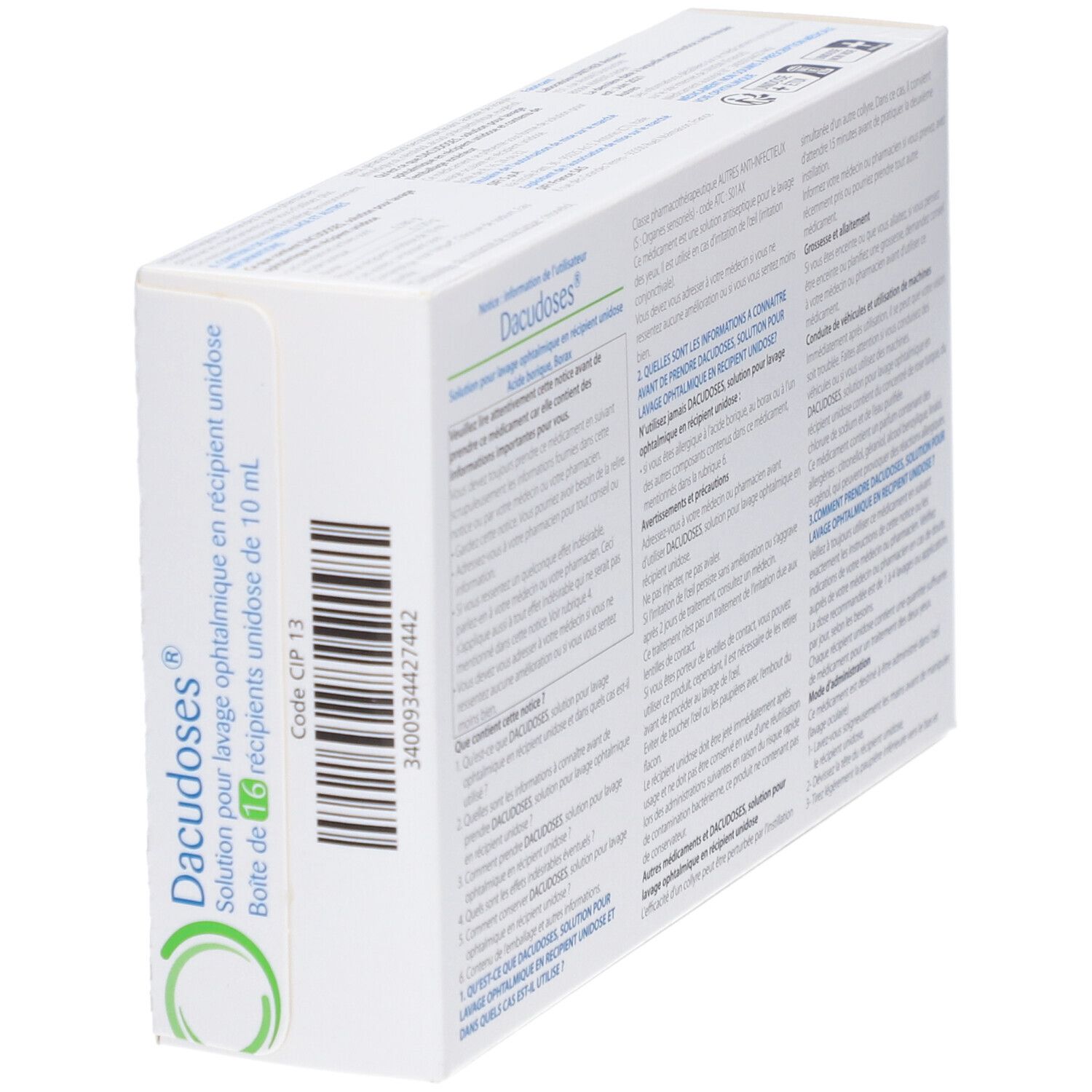 Boîte de Dacudoses en biais. Solution pour lavage ophtalmique. 16 récipients unidoses de 10 ml. Code-barres.