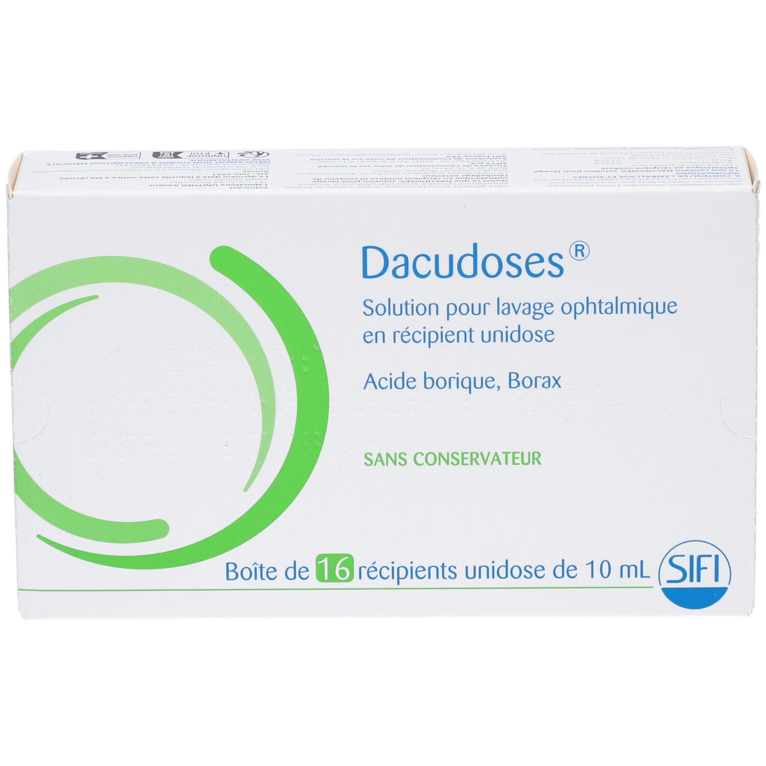Boîte de Dacudoses. Solution pour lavage ophtalmique en récipient unidose. 16 unidoses de 10 ml. Marque SIFI.