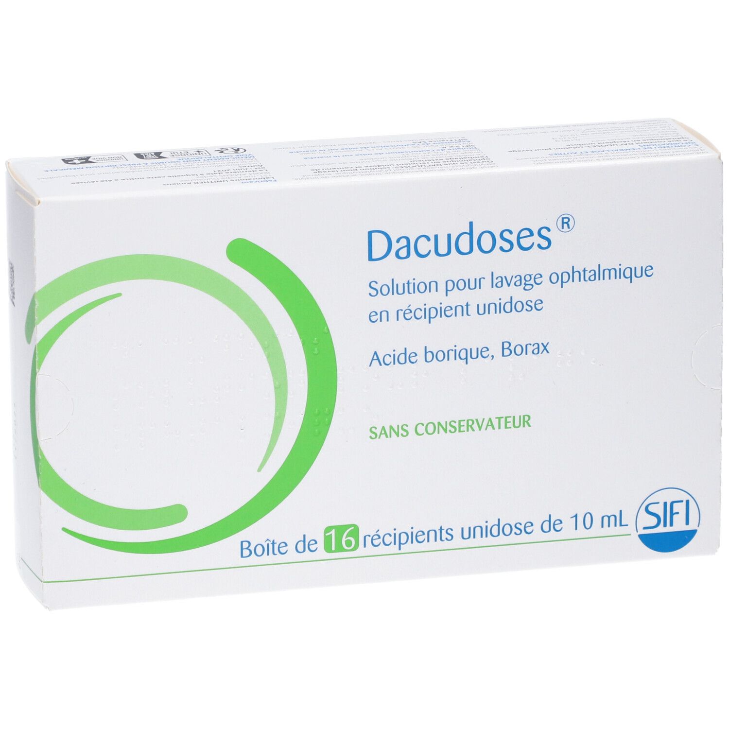 Boîte de Dacudoses. Solution pour lavage ophtalmique en récipient unidose. 16 unidoses de 10 ml. Logo.