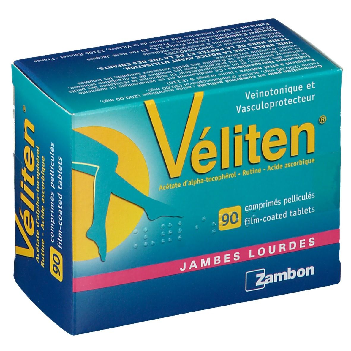 Boîte de Véliten. Inscription: 90 comprimés pelliculés. Contient Acétate d'alpha-tocophérol, Rutine, Acide ascorbique. Marque Zambon.