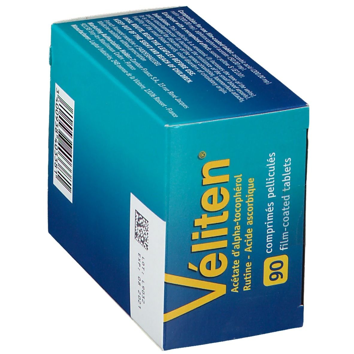 Boîte de Véliten en biais. Code-barres, date de péremption et numéro de lot visibles.