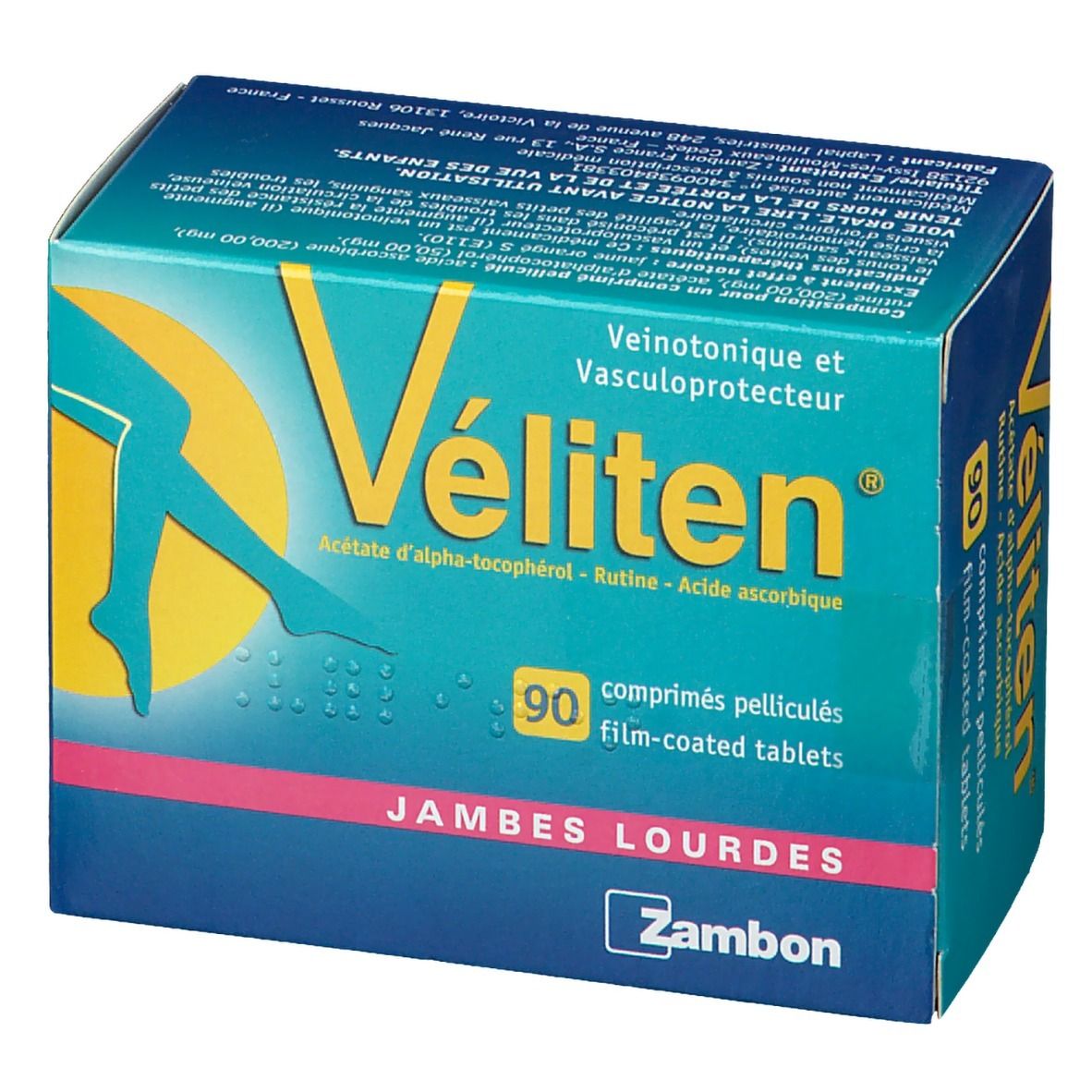 Boîte de Véliten. Inscription: 90 comprimés pelliculés. Contient Acétate d'alpha-tocophérol, Rutine, Acide ascorbique. Marque Zambon.