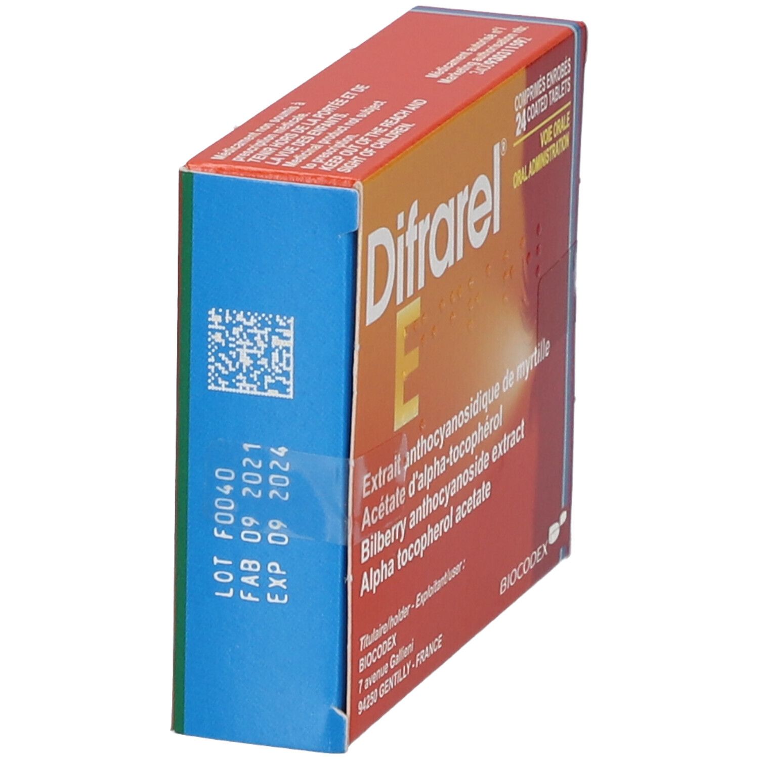 Vue latérale de la boîte Difrarel E. Côté bleu avec numéro de lot et date d'expiration. Côté orange.