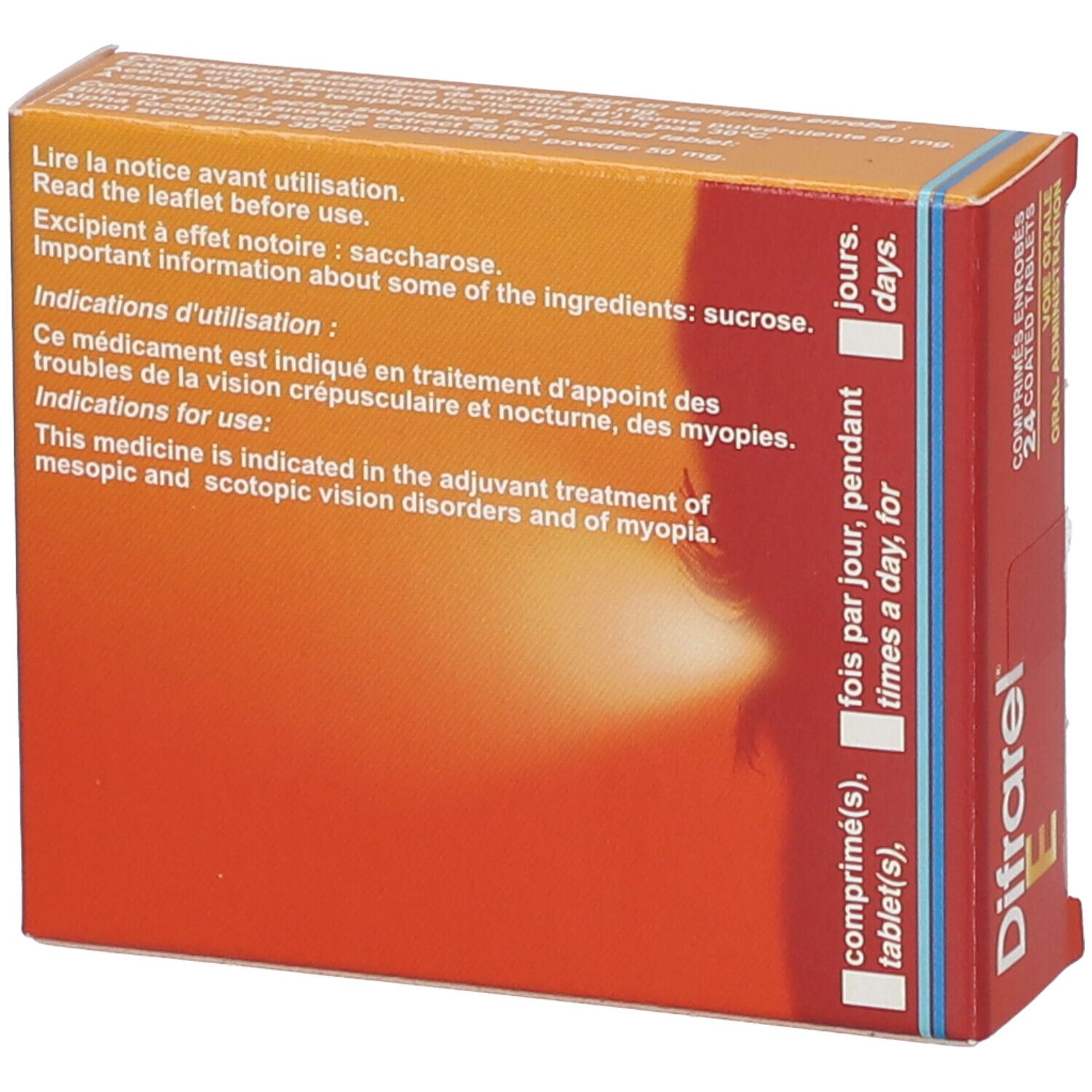 Dos de la boîte Difrarel E. Orange avec texte. Indications d'utilisation et informations sur les ingrédients.