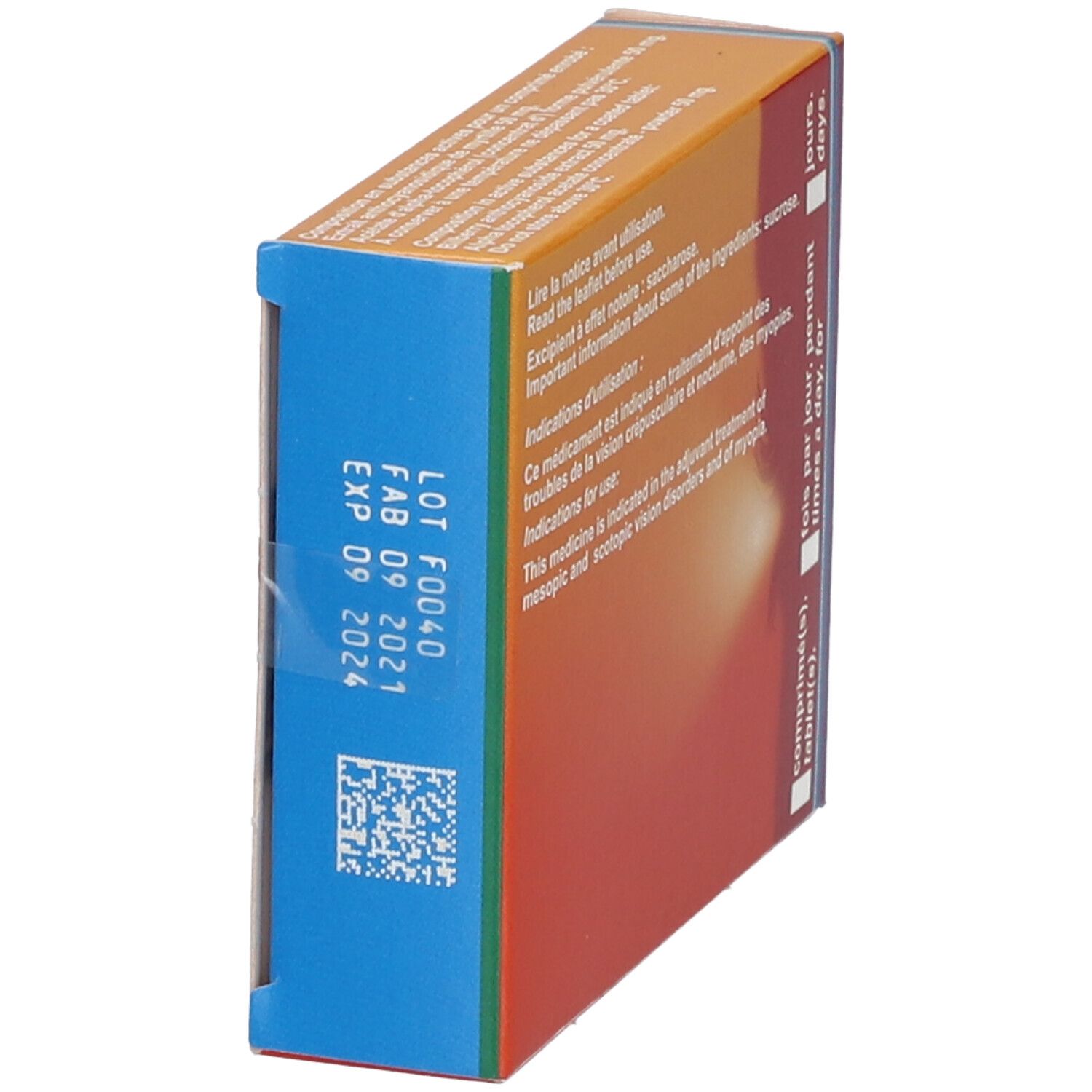 Vue latérale de la boîte Difrarel E. Côté bleu avec numéro de lot et date d'expiration. Côté orange.