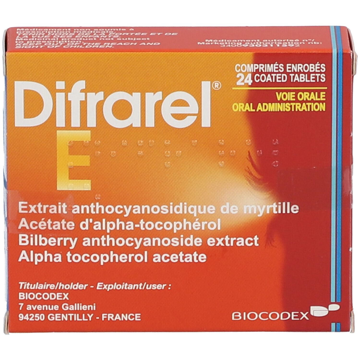 Boîte de Difrarel E. Carton orange avec nom du produit et ingrédients. 24 comprimés enrobés.