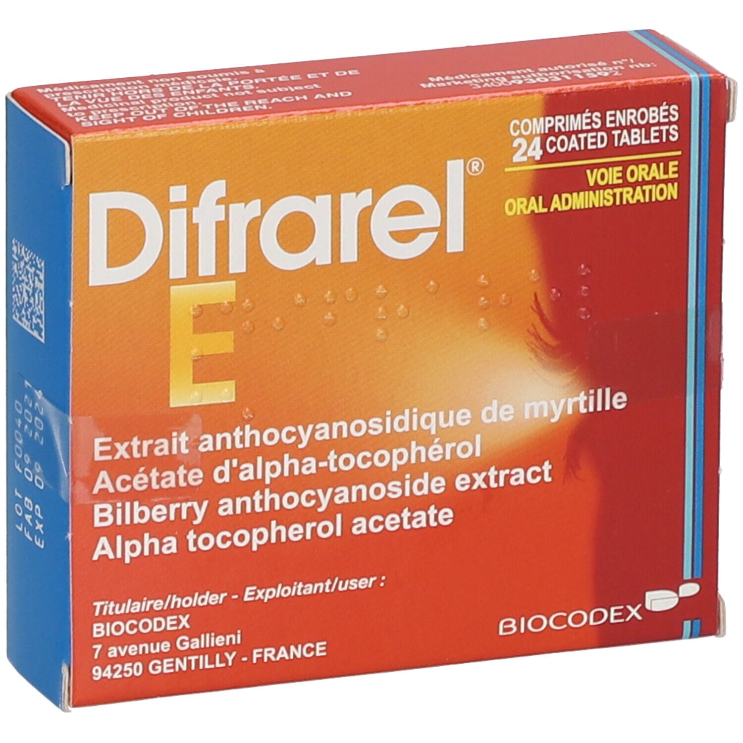 Boîte de Difrarel E. Carton orange avec nom du produit et ingrédients. 24 comprimés enrobés.