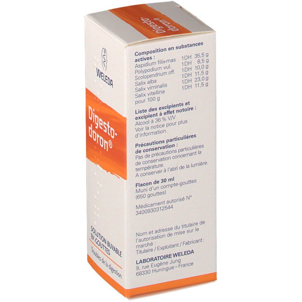 Emballage du produit avec texte en français. Contient les ingrédients, le dosage et les informations du fabricant. Marque et nom du produit visibles.