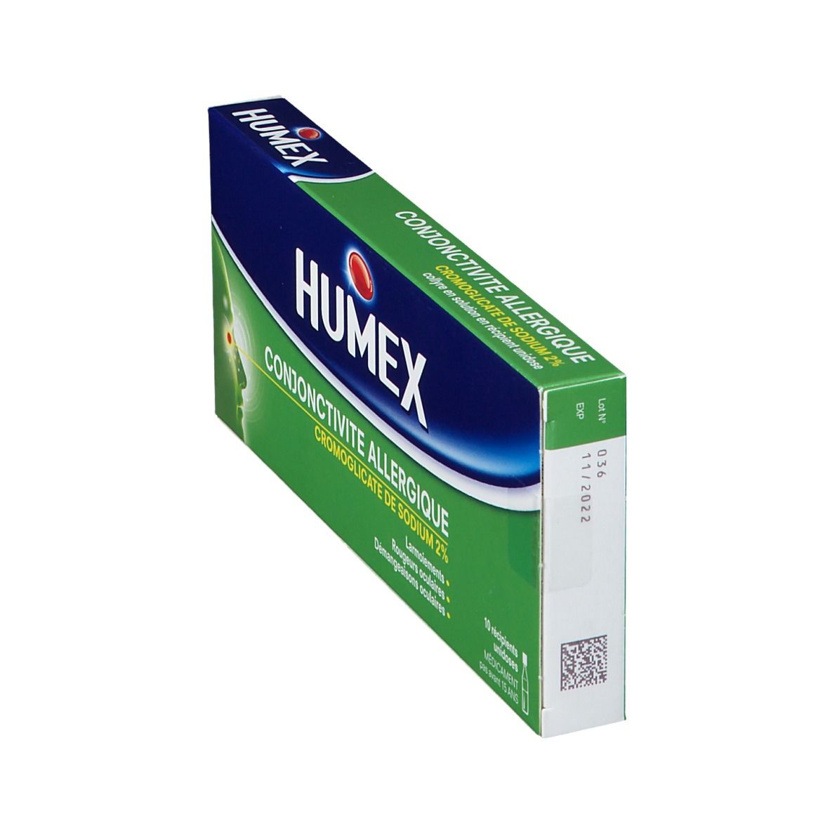 Vue latérale de la boîte Humex Conjonctivite Allergique. Boîte verte avec texte et date de péremption.