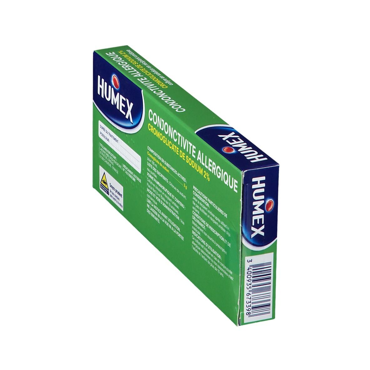 Boîte Humex Conjonctivite Allergique. Emballage vert avec informations et logo du produit.