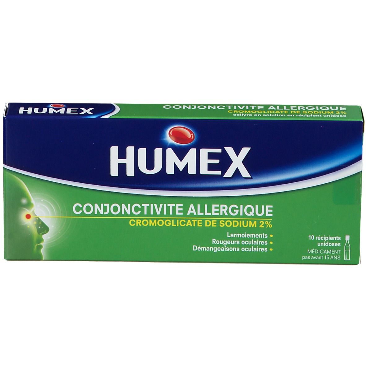Boîte Humex Conjonctivite Allergique. Emballage bleu et vert avec informations et logo du produit.