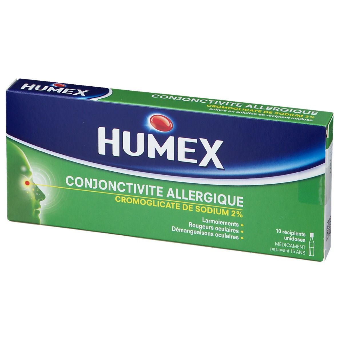 Boîte Humex Conjonctivite Allergique. Emballage bleu et vert avec informations et logo du produit.