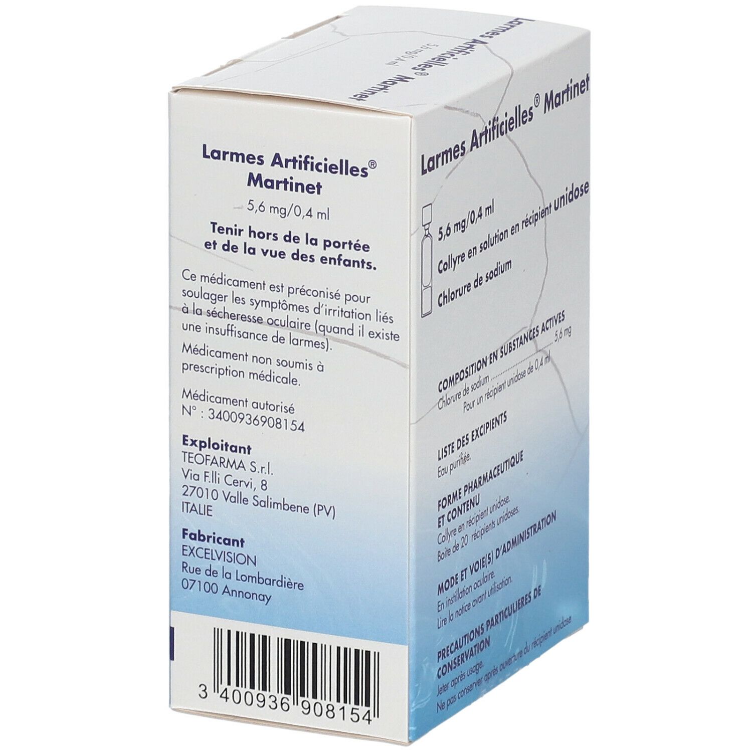 Dos de la boîte Larmes Artificielles® Martinet. Texte : 5,6 mg/0,4 ml. Contient des informations de précaution et le fabricant.