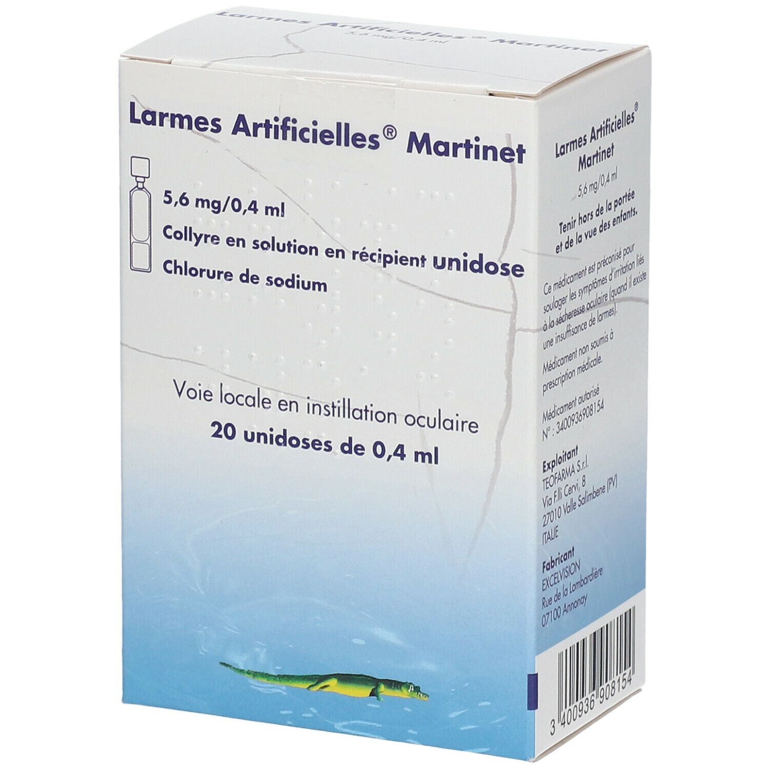 Boîte Larmes Artificielles® Martinet. Contient 20 unidoses. Inscription : 5,6 mg/0,4 ml. Pour une instillation oculaire.