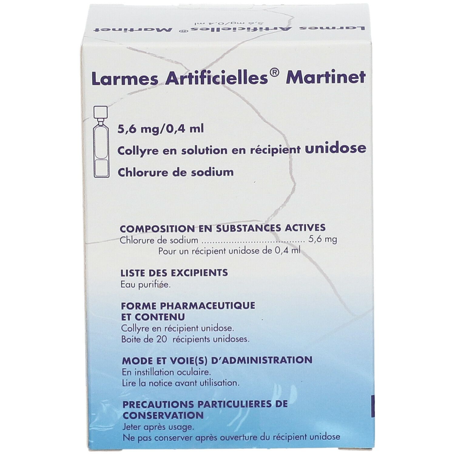 Face avant de la boîte Larmes Artificielles® Martinet. Contient 20 unidoses. Inscription : 5,6 mg/0,4 ml. Ingrédient : Chlorure de sodium.