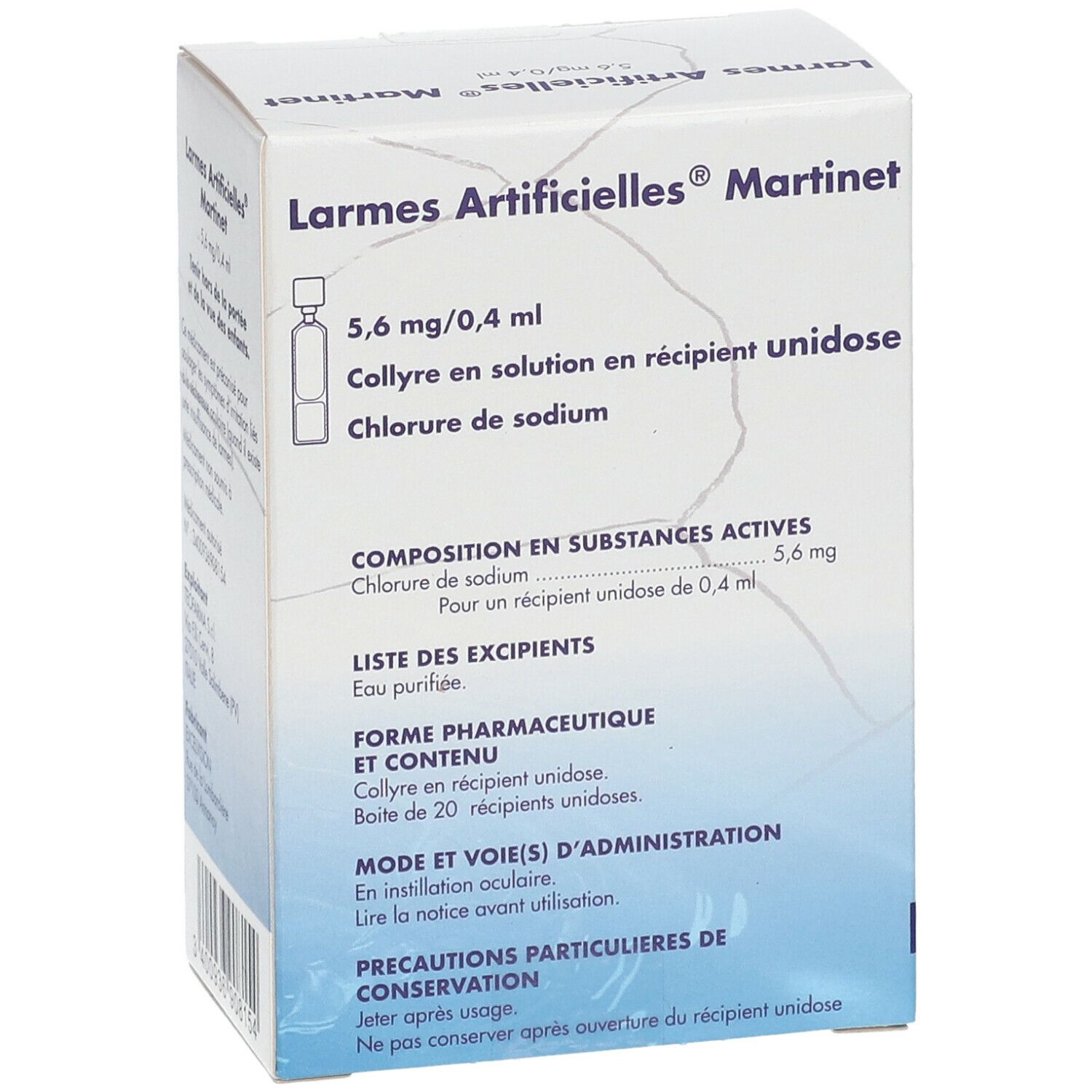 Boîte Larmes Artificielles® Martinet. Contient 20 unidoses. Inscription : 5,6 mg/0,4 ml. Ingrédient : Chlorure de sodium.