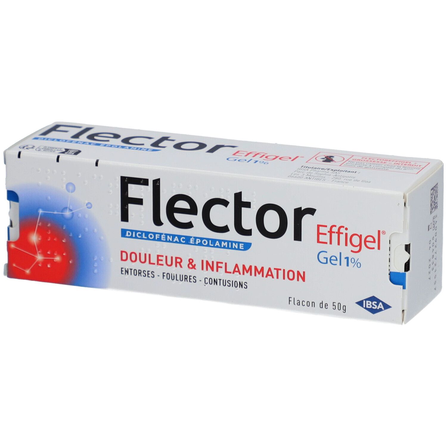 Boîte de FlectorEffigel Gel 1%. Texte: Douleur & Inflammation, entorses, foulures, contusions. Flacon de 50g.