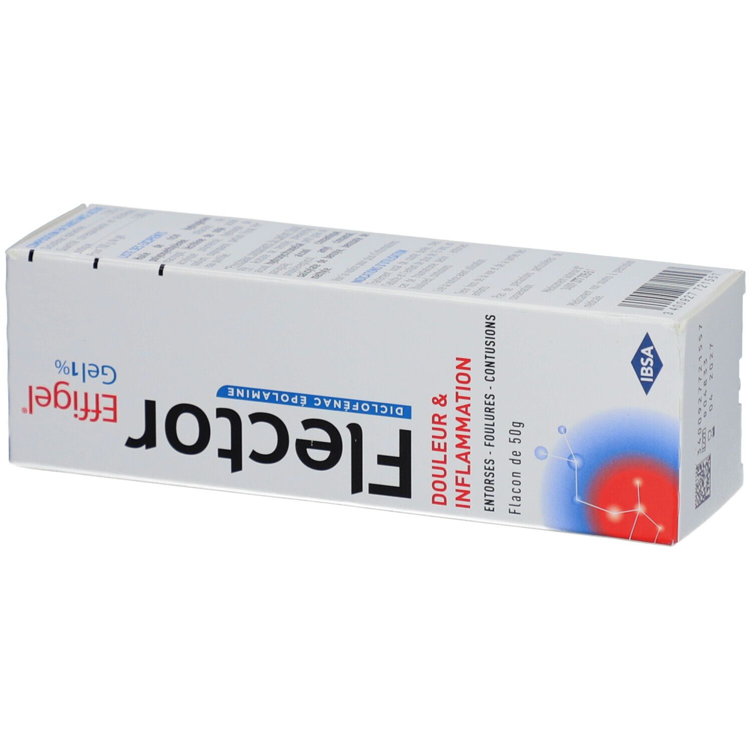 Boîte FlectorEffigel Gel 1%. Texte: Douleur & Inflammation, entorses, foulures, contusions. Logo IB SA.
