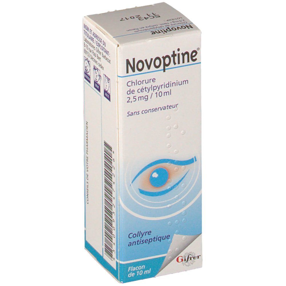 Boîte Novoptine® avec illustration d'œil. Contient Chlorure de cétylpyridinium 2,5 mg/10 ml. Flacon 10 ml. Inscription: Collyre antiseptique.