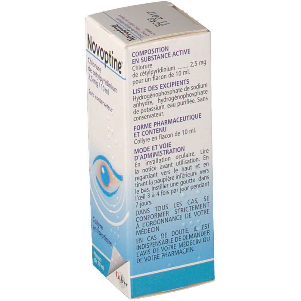 Vue latérale de l'emballage Novoptine®. Texte: Composition, Chlorure de cétylpyridinium 2,5 mg/10 ml. Forme pharmaceutique: Collyre en flacon de 10 ml.
