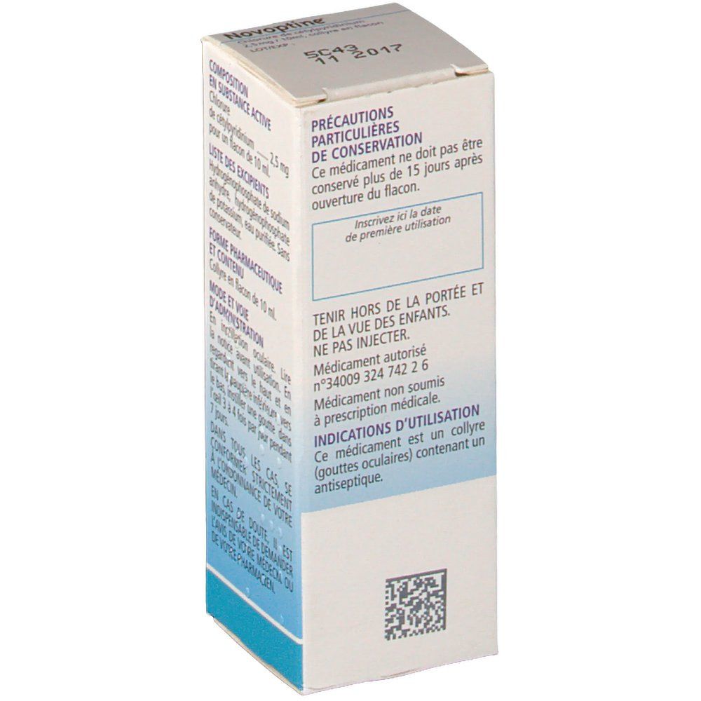 Dos de l'emballage Novoptine®. Texte: Précautions, durée de conservation, ne pas injecter. Code-barres et QR code.