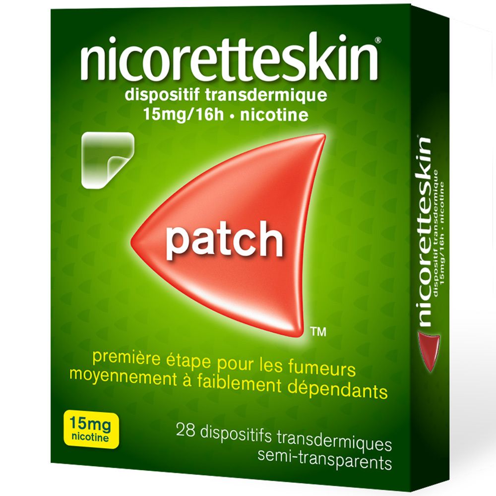 Boîte verte Nicoretteskin avec logo et patch rouge. Contient 28 dispositifs transdermiques, 15mg/16h nicotine.